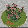 Beautiful Pink Flowers Growing On Circular Green Lawn With Lush Green Leaves On Paved Ground
