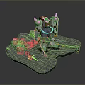 Exquisite Red White Blue Robot Figure Scene With Rock Base Green Plants Red Rope