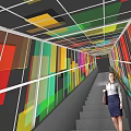 Elevator Corridor With Colorful Geometric Patterned Walls Ceiling And Gray Textured Floor With Person Walking