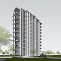 Modern High Rise Residential Building Exterior With Balconies And Green Trees