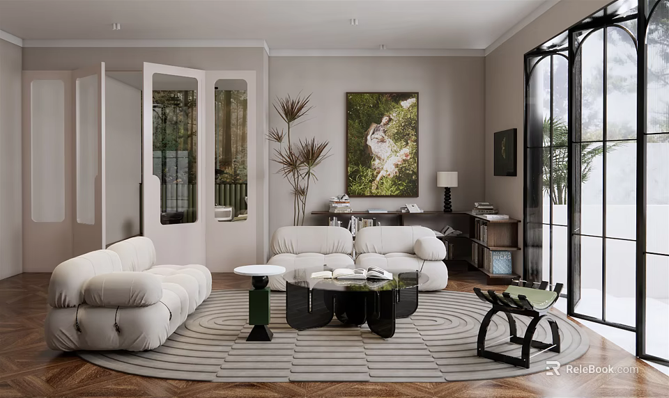 Modern Living Room Interior With White Sofas Striped Round Rug Coffee Table And Wall Artwork 3d model 