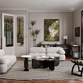 Modern Living Room Interior With White Sofas Striped Round Rug Coffee Table And Wall Artwork