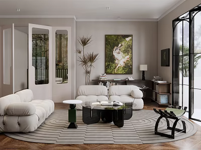 Modern Living Room Interior With White Sofas Striped Round Rug Coffee Table And Wall Artwork 3d model