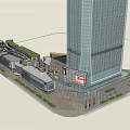Modern High Rise Office Building With Glass Curtain Facade Surrounding Commercial Plaza And Green Spaces