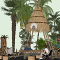 Tropical Landscape Pavilion With Thatched Roof By Pond Among Palm Trees And Lush Greenery