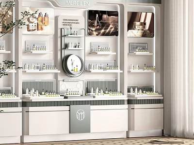Modern Display Shelves With Layered Racks Showcasing Skincare Products And Elegant White Cabinetry 3d model