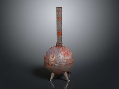 Rusty Vintage Metal Device With Spherical Base Three Legged Stand And Tall Slender Pipe 3d model
