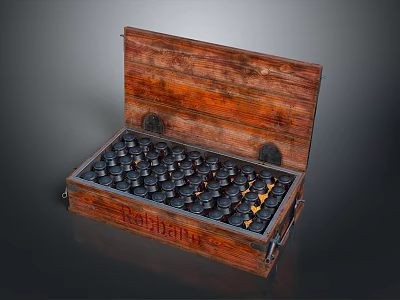 Vintage Open Wooden Storage Box With Multiple Black Pieces And Battleship Design 3d model