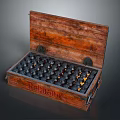 Vintage Open Wooden Storage Box With Multiple Black Pieces And Battleship Design