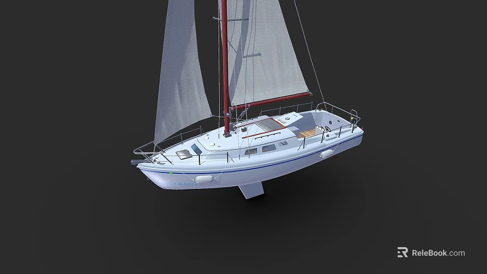 White Sailboat Featuring Red Mast White Sails Deck Railings And Seating 3d model 