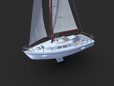 White Sailboat Featuring Red Mast White Sails Deck Railings And Seating 3d model