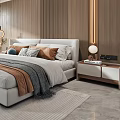 Modern Bedroom Interior Design With Wooden Walls White Bed Pillows Rug And Large Windows