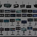Various Modern TV Screens With Digital Time Displays On Tripod Stands 3d model
