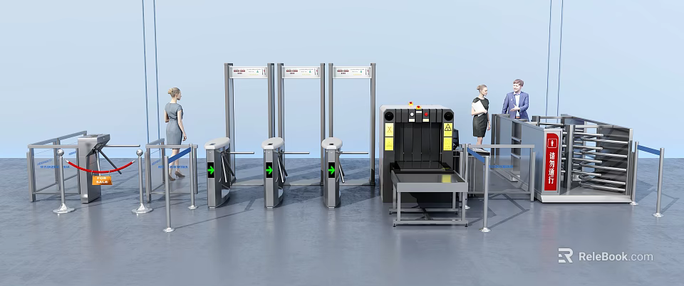 Public Facility Security Checkpoint With Metal Detector Gates And Baggage Scanner 3d model 