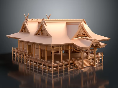 Cartoon Scene of Traditional Japanese Wooden Building With Curved Roofs Railings and Steps 3d model