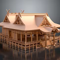 Cartoon Scene of Traditional Japanese Wooden Building With Curved Roofs Railings and Steps