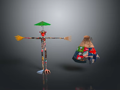 Colorful Game Movie Character With Green Umbrella Head Yellow Arms Red Claws And Straw Bag 3d model