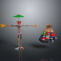 Colorful Game Movie Character With Green Umbrella Head Yellow Arms Red Claws And Straw Bag