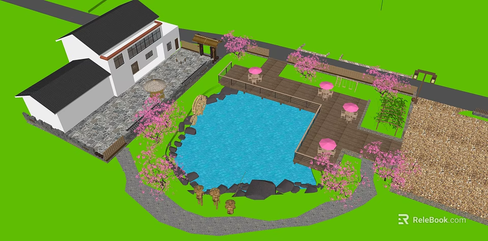 Serene Garden Landscape with Blue Pool Wooden Deck Pink Tables Chairs and Cherry Blossom Trees 3d model 