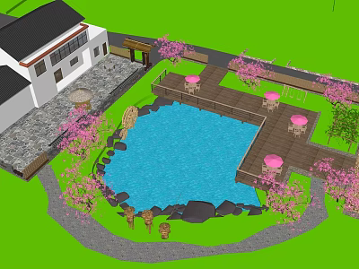 Serene Garden Landscape with Blue Pool Wooden Deck Pink Tables Chairs and Cherry Blossom Trees 3d model