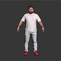 Man Wearing White T Shirt Light Blue Jeans and Red Shoes on Gray Reflective Floor