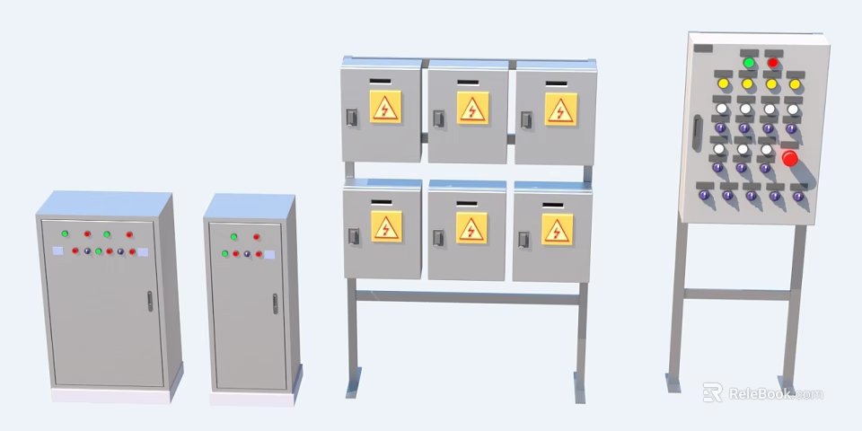 Industrial Equipment Electrical Control Cabinets Featuring Warning Signs And Metal Enclosures 3d model 