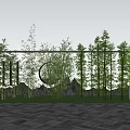 Lush Bamboo Garden Landscape With Circular Wall Decor And Slate Paved Ground