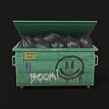 Green Household Trash Bin With Open Lid Black Garbage Bags And Boom Graffiti Smiley Face