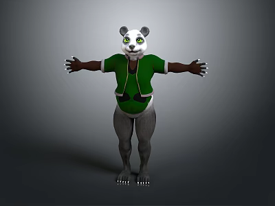 Playful Game Movie Panda Character With White Ears Black Eye Patches Green Outfit Standing Pose 3d model