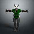 Playful Game Movie Panda Character With White Ears Black Eye Patches Green Outfit Standing Pose