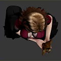 Red Haired Woman In Red Top Black Skirt Fishnet Stockings Holding Coffee Cup Black Bag