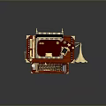 Vintage Retro Assembled Device With Red Wooden Case Golden Decorations Gramophone Horn And Typewriter