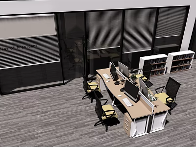 Modern Office Desk Setup With Computers Chairs And Bookcases In Workspace 3d model