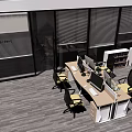 Modern Office Desk Setup With Computers Chairs And Bookcases In Workspace