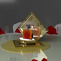 Round Dining Table Set With White Tablecloth Gold Rotating Centerpiece White Chairs Red Napkins Glassware