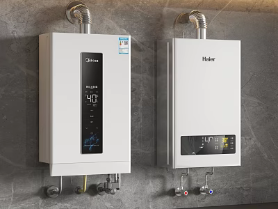 Midea And Haier White Water Heaters Mounted On Wall With Digital Temperature Displays 3d model