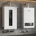 Midea And Haier White Water Heaters Mounted On Wall With Digital Temperature Displays