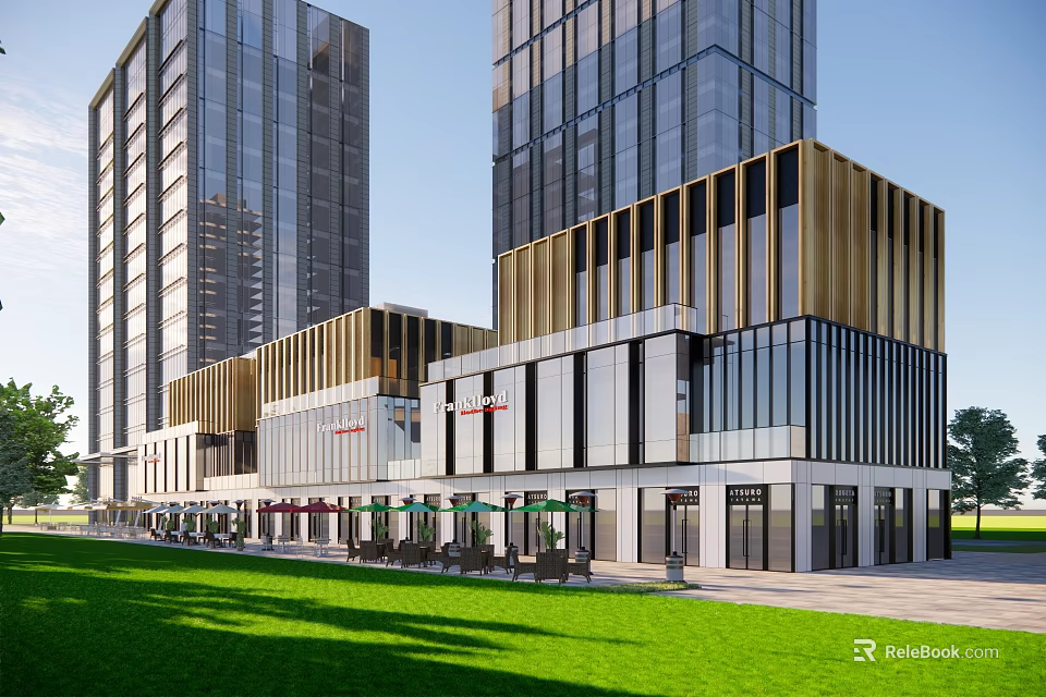 Modern Commercial Street With Glass Facades Wooden Accents Outdoor Seating Parasols And Green Lawn 3d model 