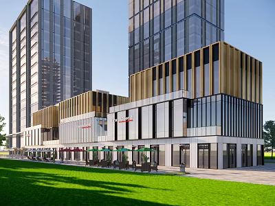 Modern Commercial Street With Glass Facades Wooden Accents Outdoor Seating Parasols And Green Lawn 3d model