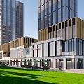Modern Commercial Street With Glass Facades Wooden Accents Outdoor Seating Parasols And Green Lawn