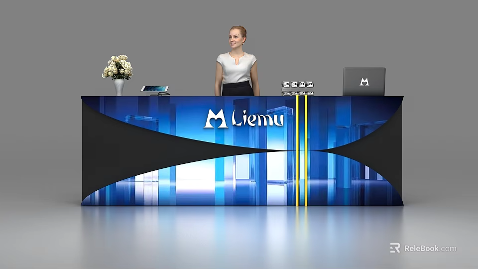 Modern Reception Desk With Blue Black Design Flower Vase Tablet Laptop And Liemu Logo 3d model 