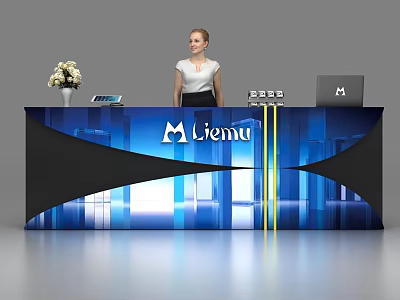 Modern Reception Desk With Blue Black Design Flower Vase Tablet Laptop And Liemu Logo 3d model