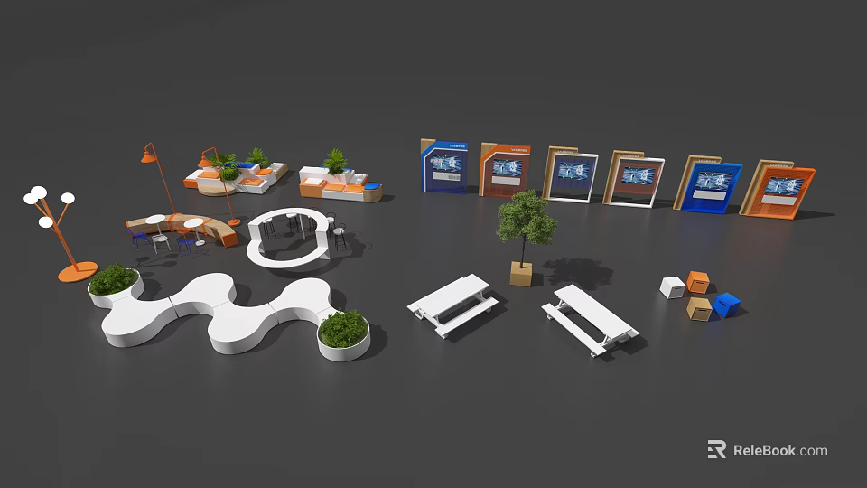 White Modern Outdoor Chair With Green Plants And Benches In Leisure Rest Area 3d model 
