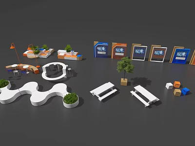 White Modern Outdoor Chair With Green Plants And Benches In Leisure Rest Area 3d model
