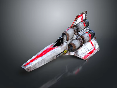 3D Model Science Fiction Spaceship With Red White Paint Multiple Engines And Weathered Texture 3d model
