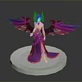 Mythical Woman With Purple Long Dress And Pink Green Wings Standing On White Circular Platform