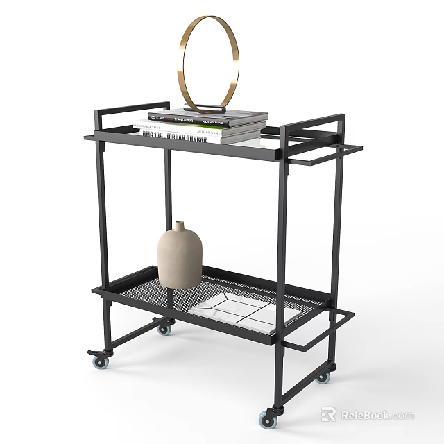 Black Multi Tier Shelf with Caster Wheels and Wire Mesh Shelves for Books Decorative Items 3d model 