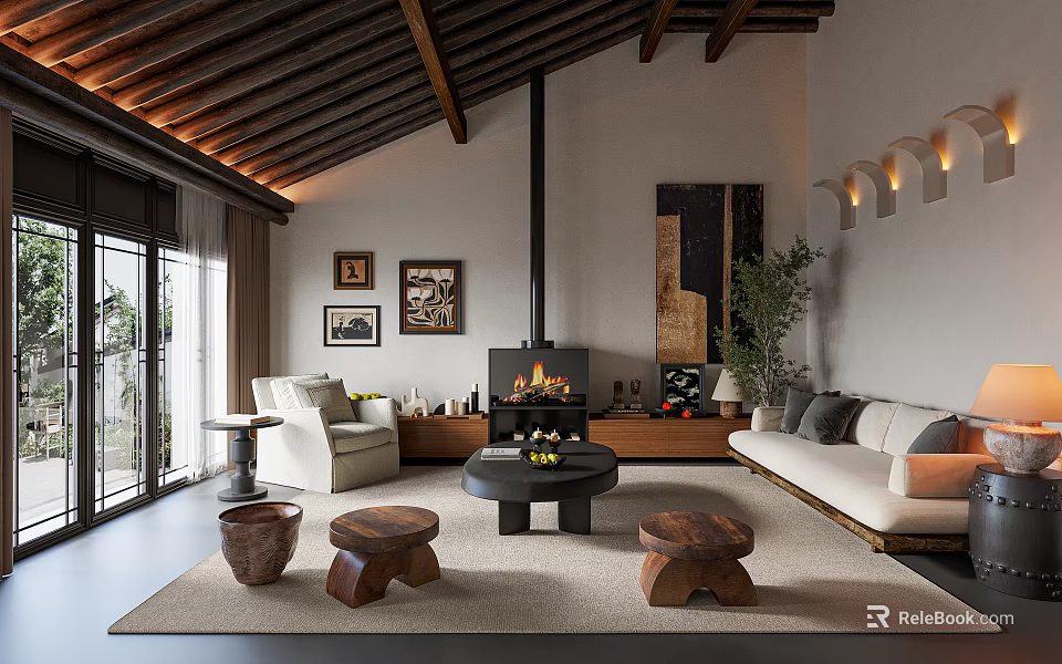 Modern Living Room Interior Design With Wooden Ceiling Fireplace Sofa Coffee Table And Green Plant 3d model 