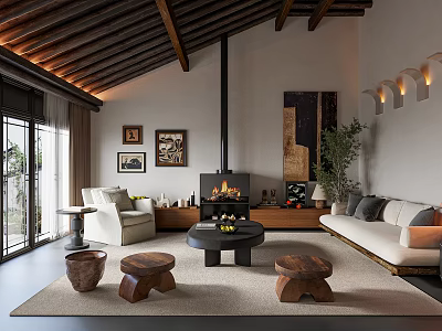 Modern Living Room Interior Design With Wooden Ceiling Fireplace Sofa Coffee Table And Green Plant 3d model
