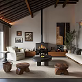 Modern Living Room Interior Design With Wooden Ceiling Fireplace Sofa Coffee Table And Green Plant